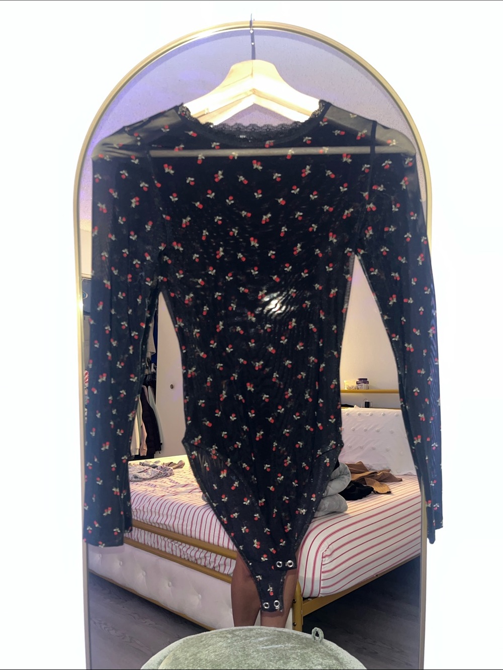 Forever 21 Black Velvet Floral Long-Sleeve Bodysuit